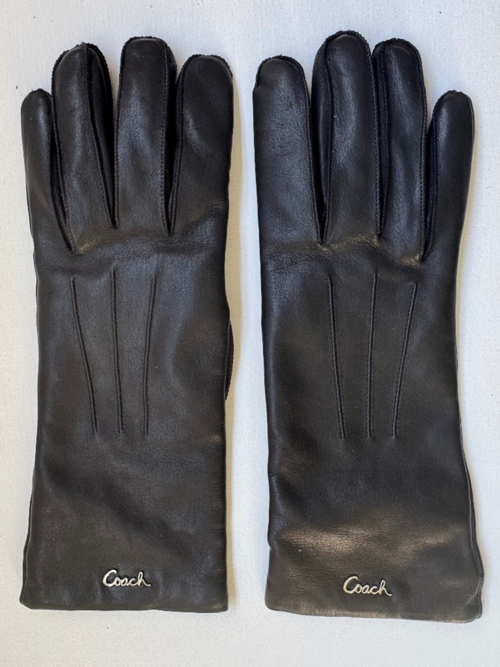 Coach Black Leather Gloves Size 8 Long Cuff Knit Lined